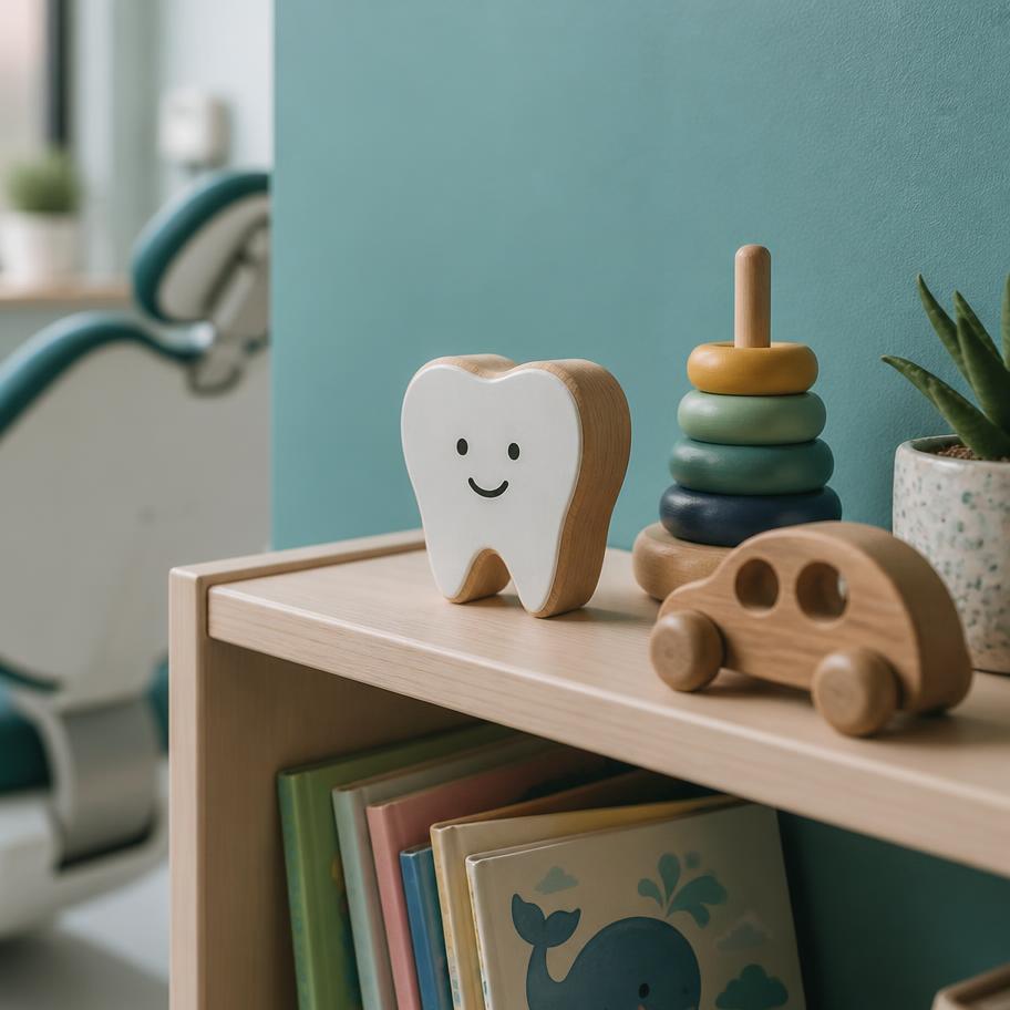 Wooden toys and picture books on a shelf in the clinic